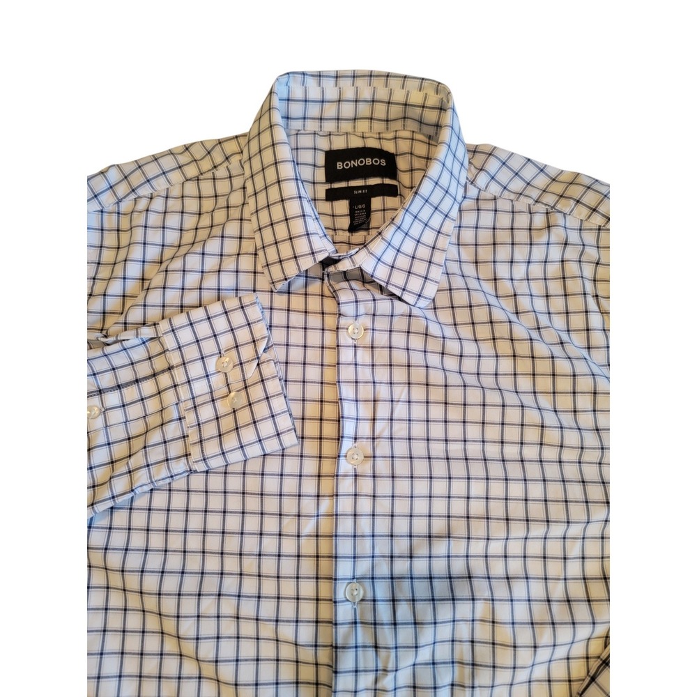 Bonobos Button Down Shirt Mens Lg White Navy Blue Excellent Slim Fit Grid Check